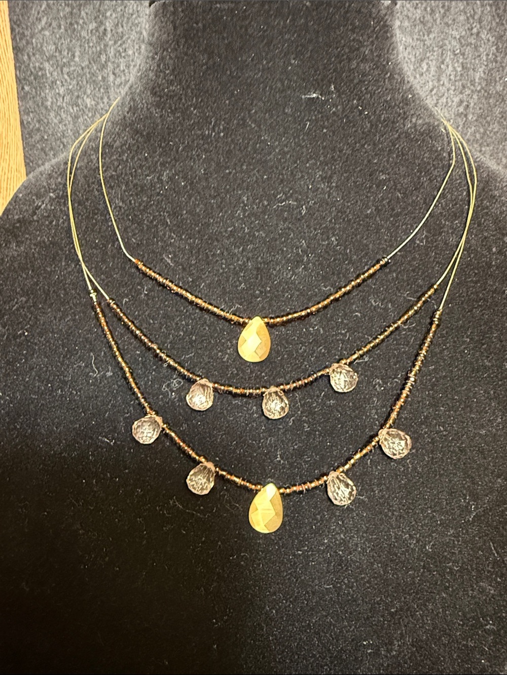 Layered Gold and Brown Bead Teardrop Necklace - Women Jewelry